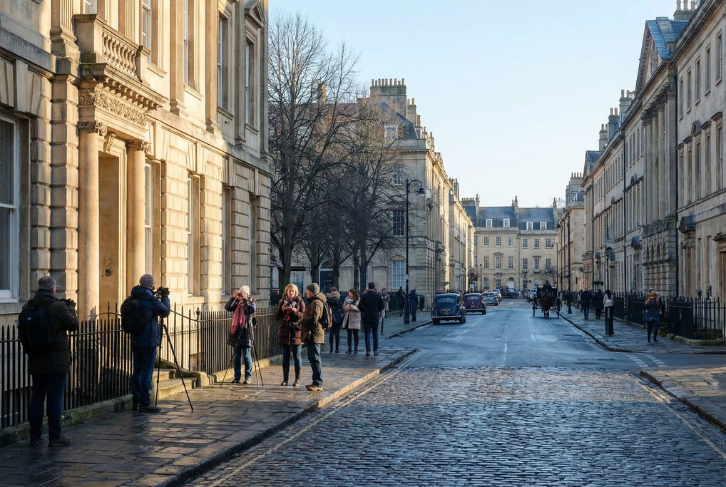 Grand Georgian boulevard with carved stone cornices and pilasters creating rhythmic shadows