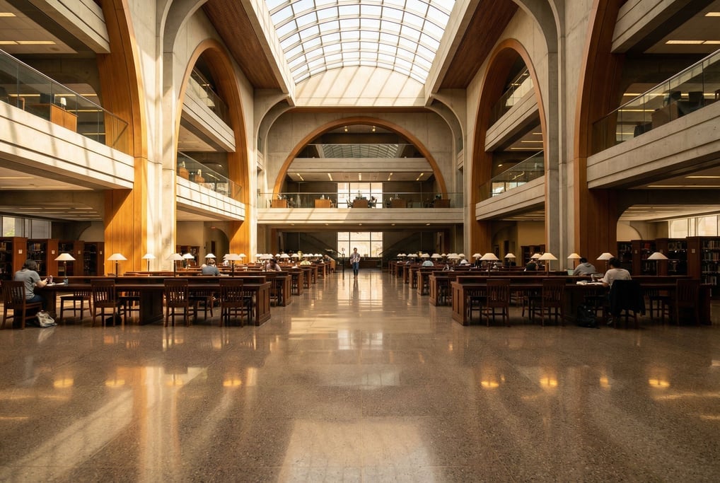 Grand reading room with rows of desks inside a civic center