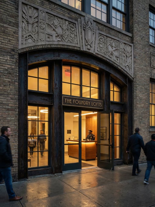 Industrial converted factory entrance with steel frame, geometric stone carvings above the doorway