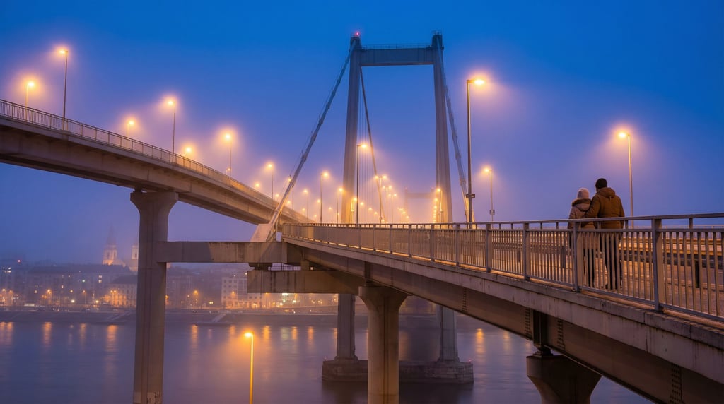 Suspension bridge spanning a wide river at blue hour, warm streetlights creating halos in fog
