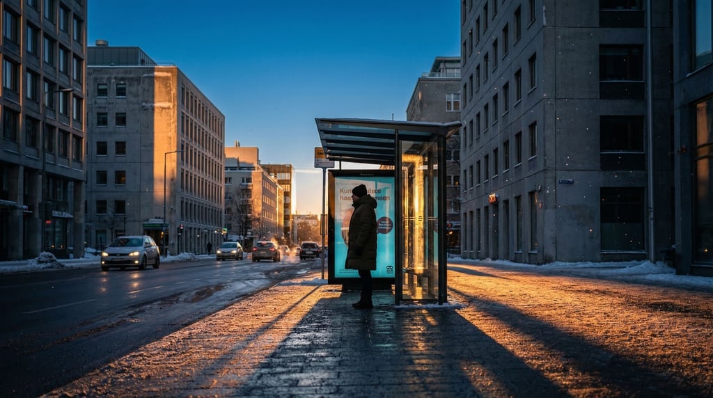 Modern city street in winter light, low sun angle creating long shadows and cold blue sky