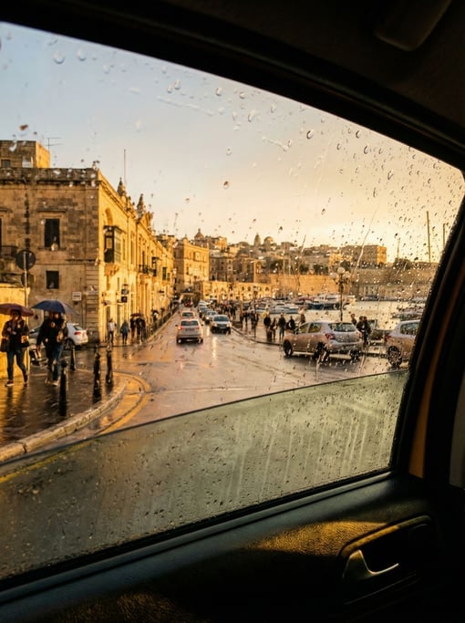 View through a rain-streaked taxi window overlooking a Mediterranean cityscape at golden hour