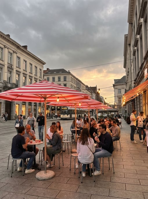 Outdoor gelateria with outdoor stools on a cosmopolitan city square