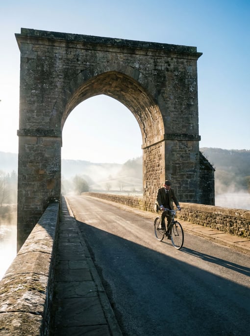 Historic stone arch bridge on a clear day, sharp shadows and bright highlights under blue sky