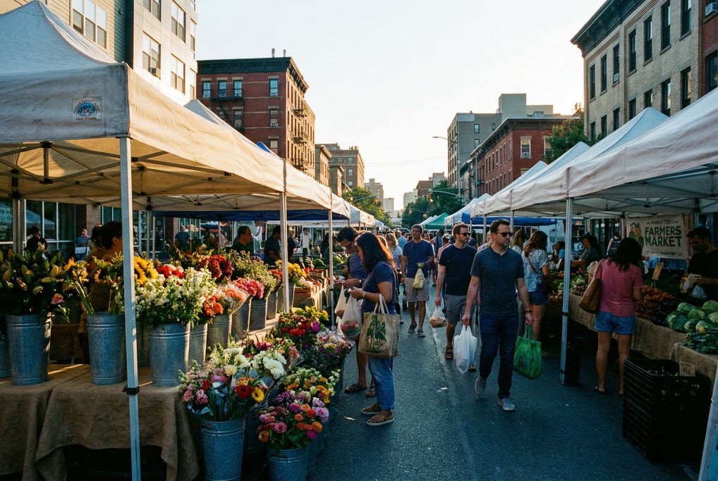 Open-air farmers market with canvas stalls with fresh flowers in tin buckets