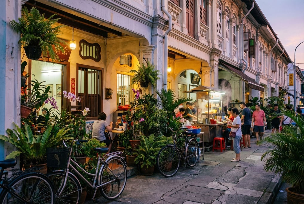 Narrow Singapore shophouse row with potted plants and bicycles lining the narrow sidewalk, sunset