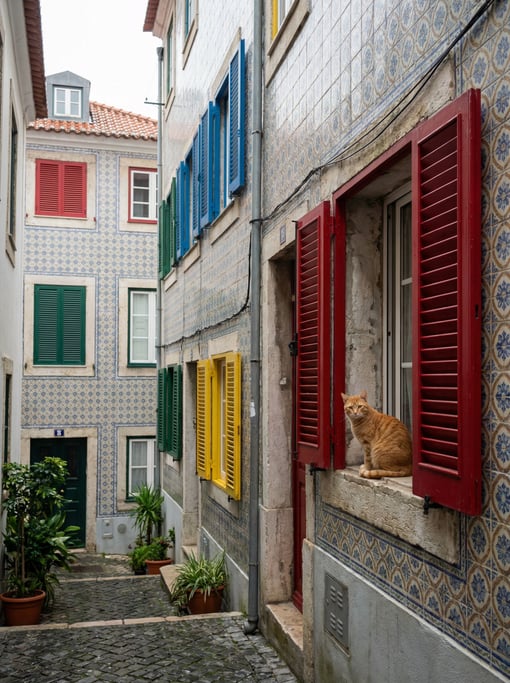 Narrow Lisbon tiled backstreet with colorful shuttered windows at different heights