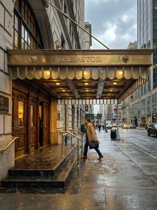 Canopied hotel entrance with polished brass