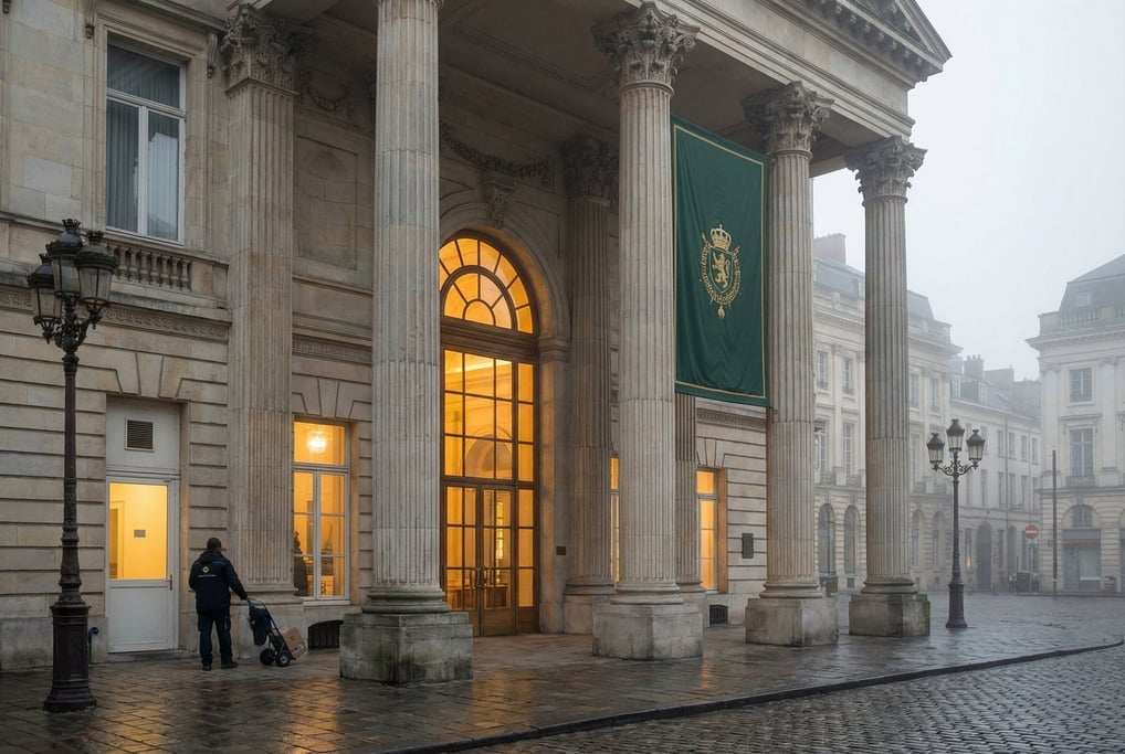 Grand neoclassical portico with tall columns, a flag or banner hanging from above, misty morning