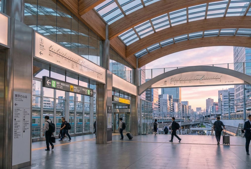 Modern transit hub with sweeping roof in a Tokyo