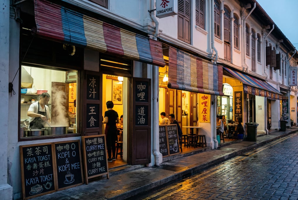 Narrow Singapore shophouse row with colored awnings and hand-lettered menus, dawn
