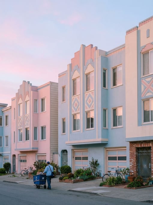 Block of art deco apartment buildings in a modern neighborhood