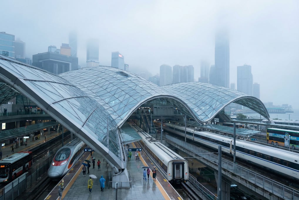 Modern transit hub with sweeping roof in a Hong Kong