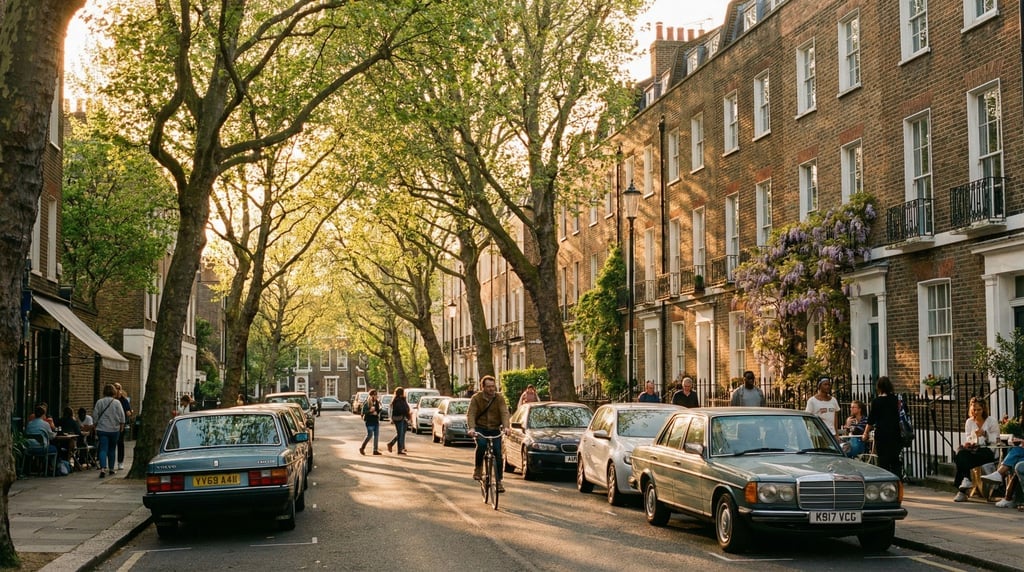 Terrace of Georgian brick houses in a cosmopolitan neighborhood