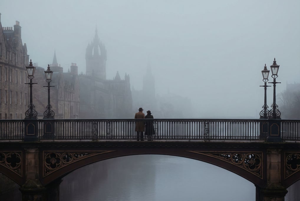 Cast iron Victorian bridge in morning fog