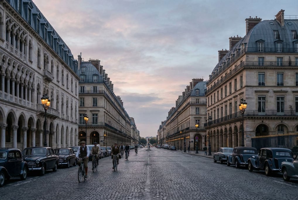 Grand Venetian Gothic boulevard with uniform mansard roofs with zinc cladding and dormer windows