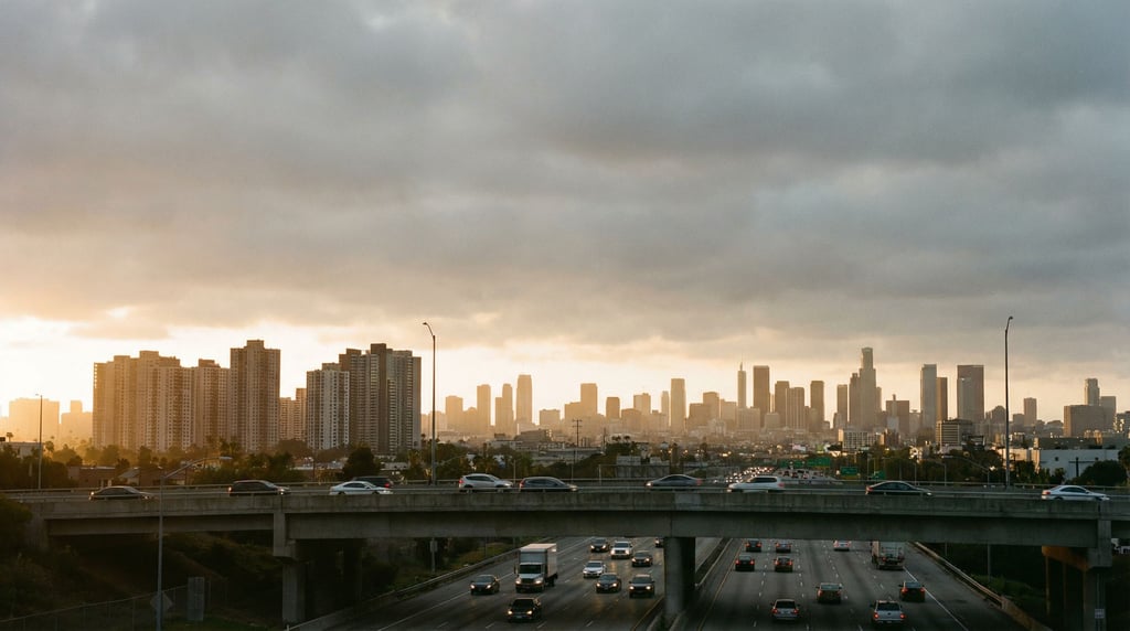 Distant city skyline seen from a highway overpass at the city edge