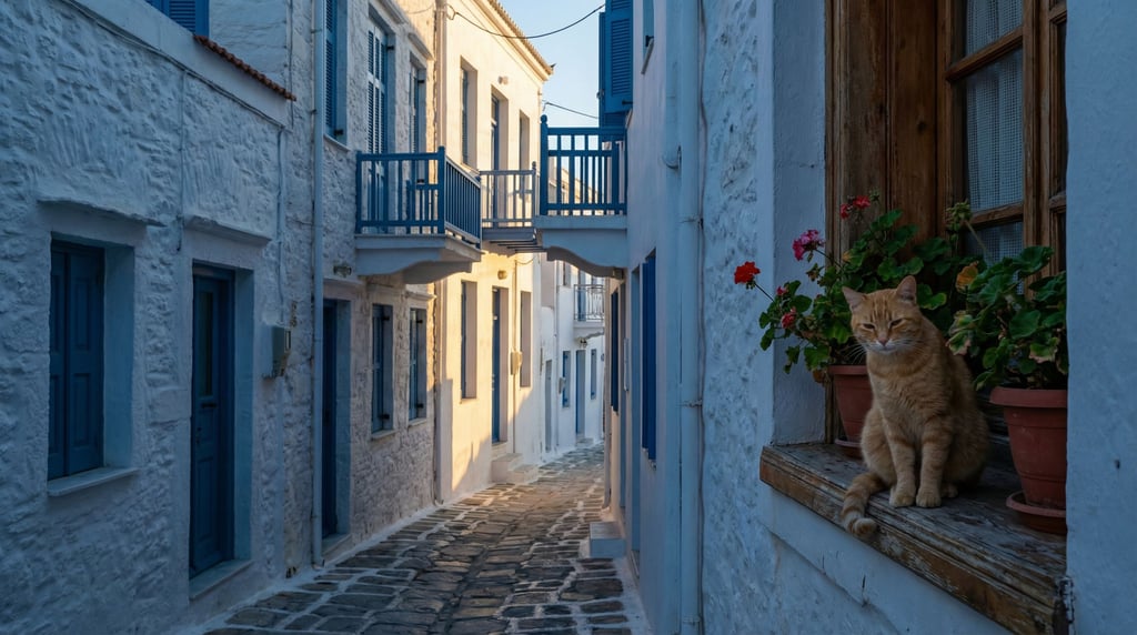 Narrow Greek island whitewashed lane with tall buildings on both sides creating a canyon of light an