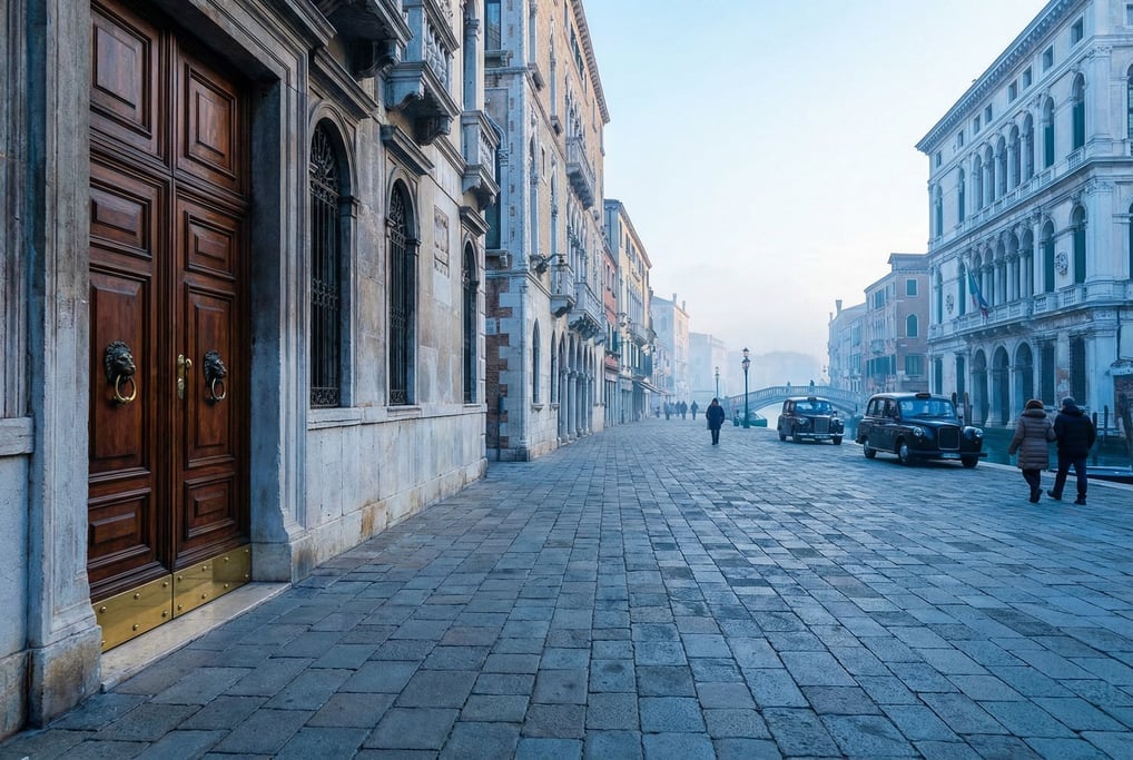 Grand Venetian Gothic boulevard with grand double doors with brass hardware at street level