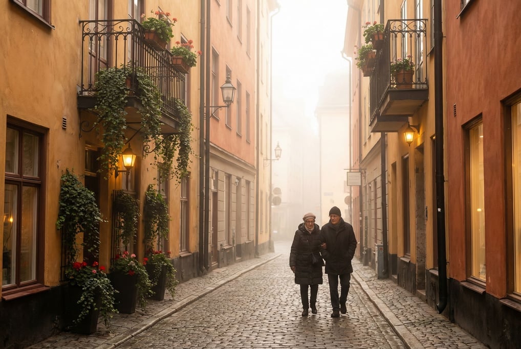 Narrow Stockholm Gamla Stan lane with wrought iron balconies with hanging plants, misty morning