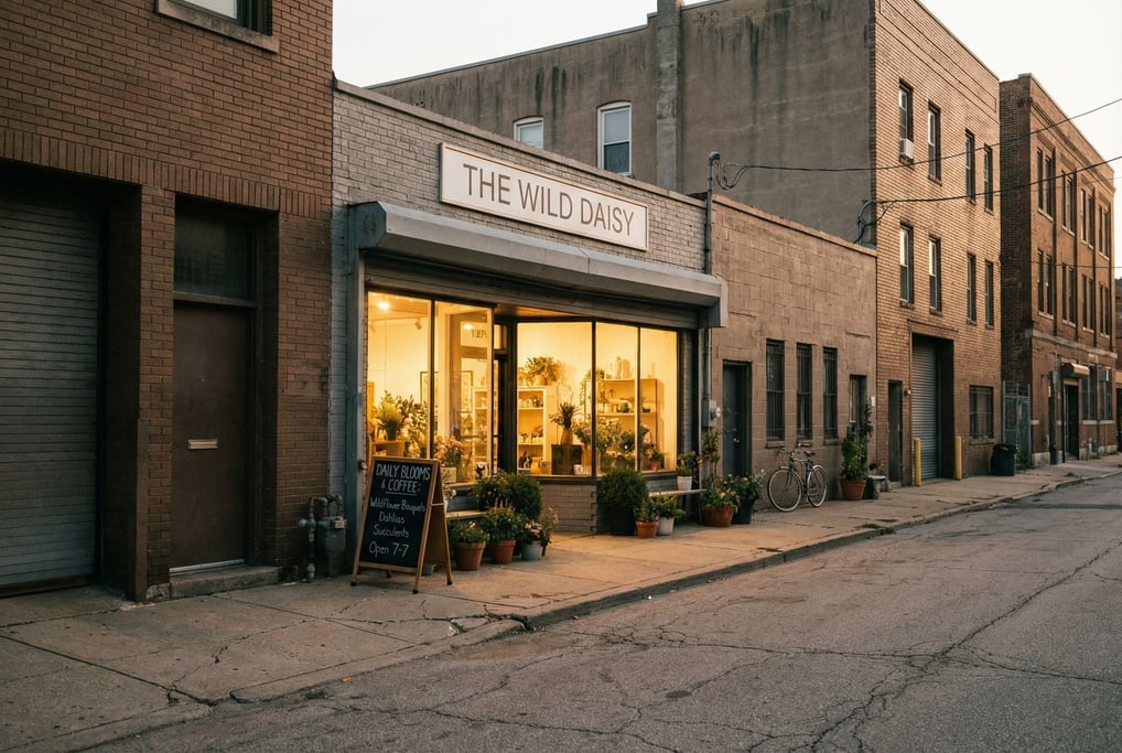 Small flower shop on a quiet industrial city side street