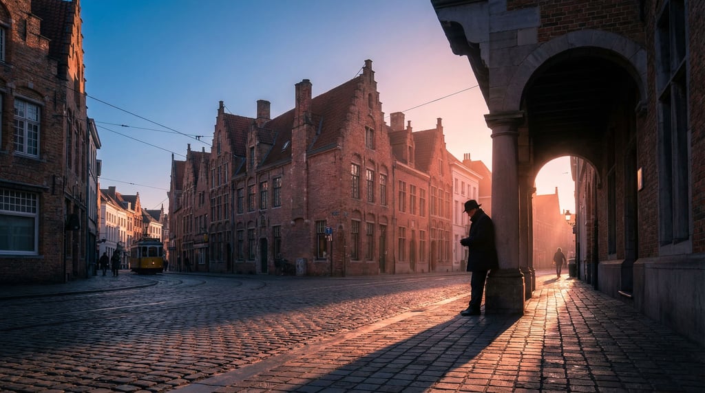 Northern European city street on a clear day, sharp shadows and bright highlights under blue sky