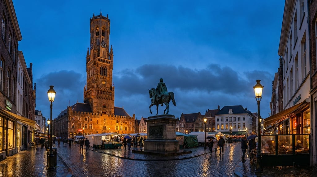 Market square with a historic clock tower in a European city