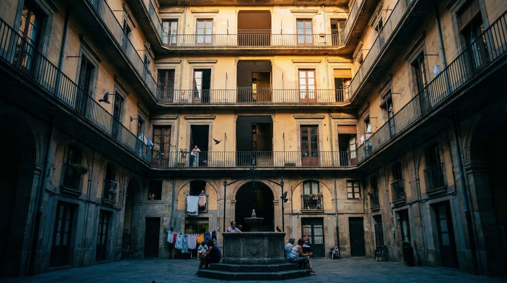 Looking up through a courtyard of a tall residential building