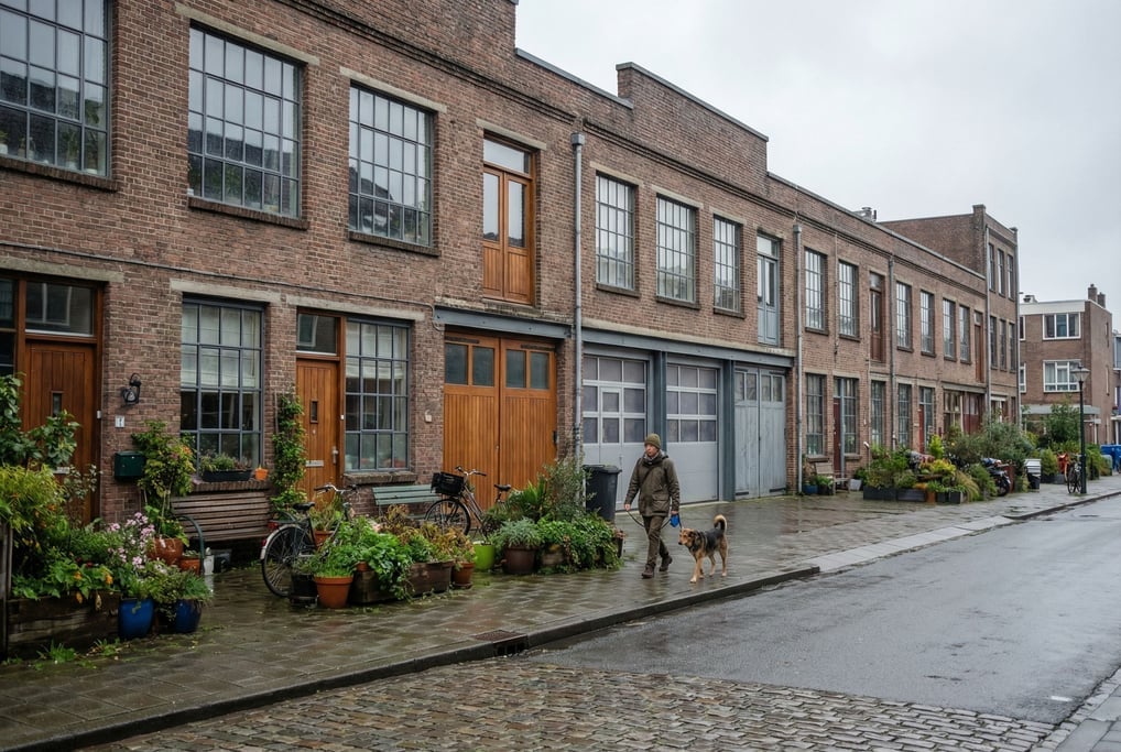 Converted warehouse lofts in a northern European neighborhood