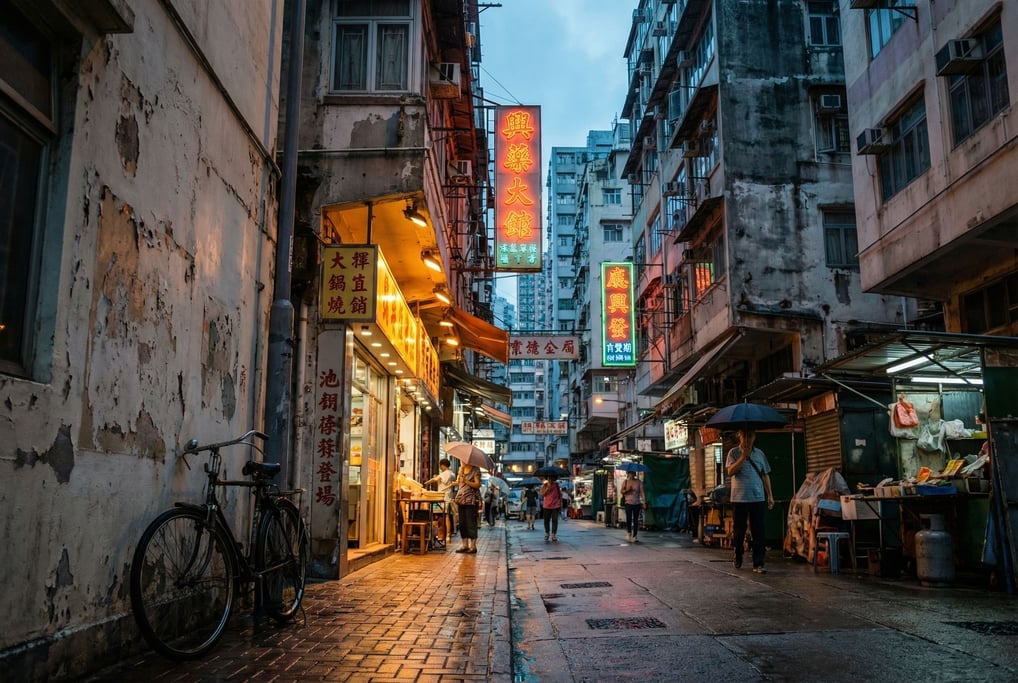 Narrow Hong Kong tong lau neighborhood street with vertical signage in local script on narrow buildi