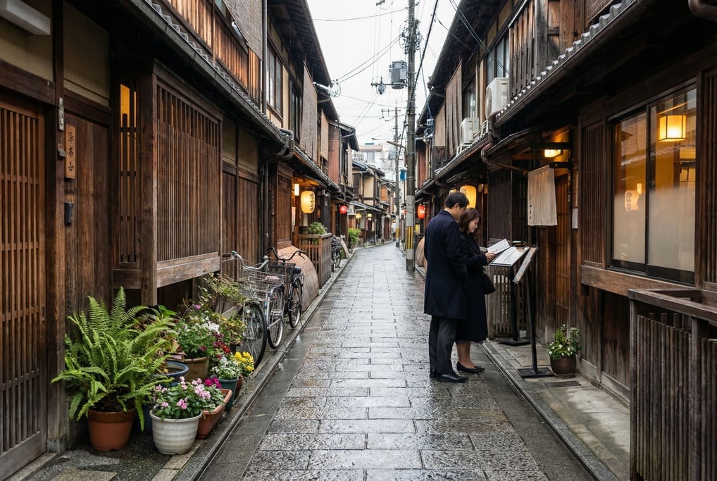 Narrow Kyoto wooden machiya street with potted plants and bicycles lining the narrow sidewalk