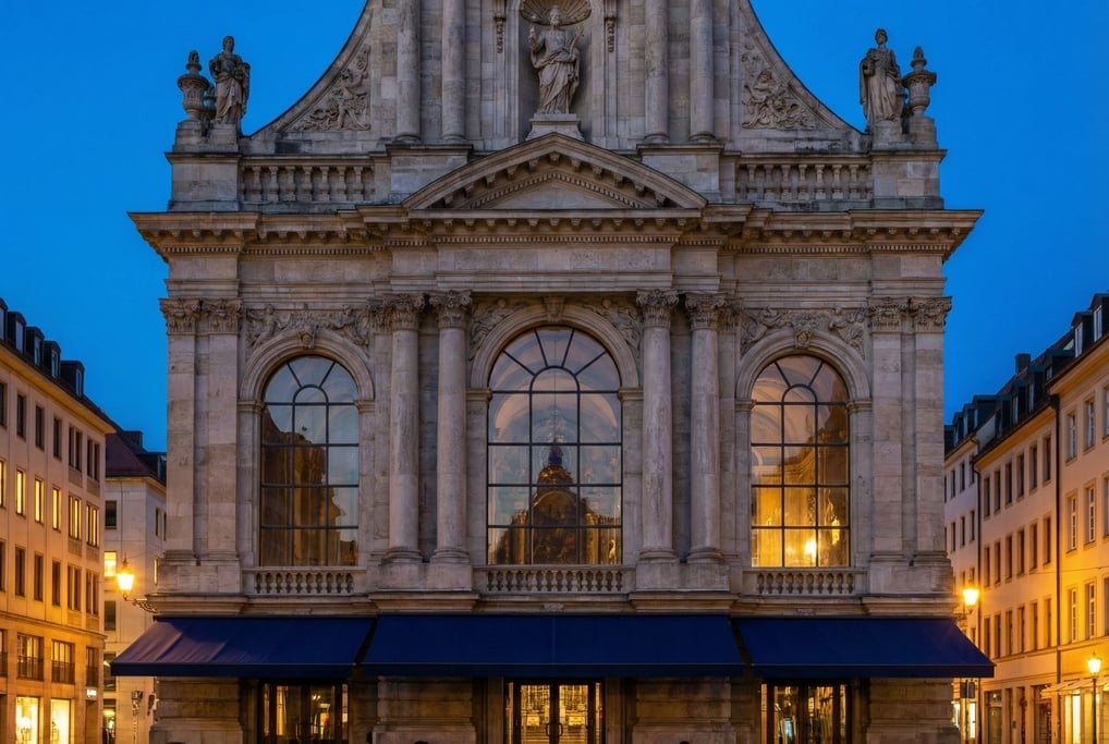 Baroque church facade with carved stone with reflections of surrounding buildings in the glass