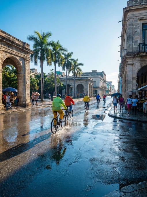Tropical city street on a clear day, sharp shadows and bright highlights under blue sky