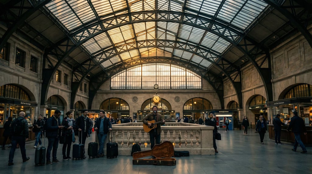 Grand central railway station concourse, vaulted iron and glass roof soaring above