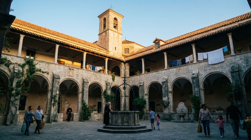 Looking up through a courtyard of a monastery cloister