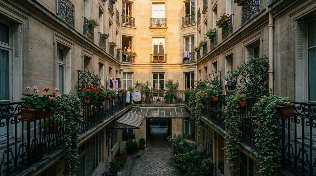 Looking up through a courtyard of a Parisian apartment block