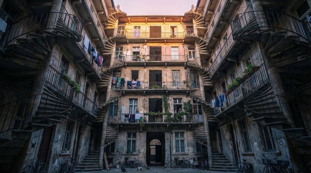 Looking up through a courtyard of a tall residential building