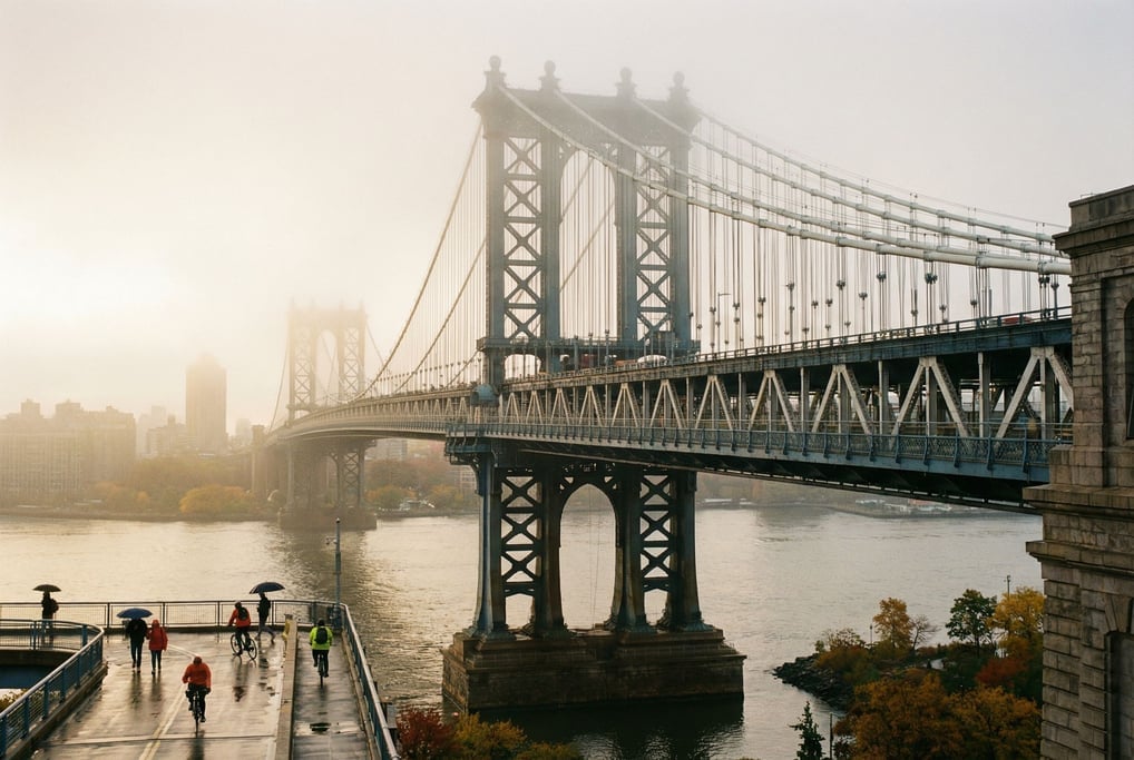 Suspension bridge spanning a wide river at misty morning, cables disappearing into mist