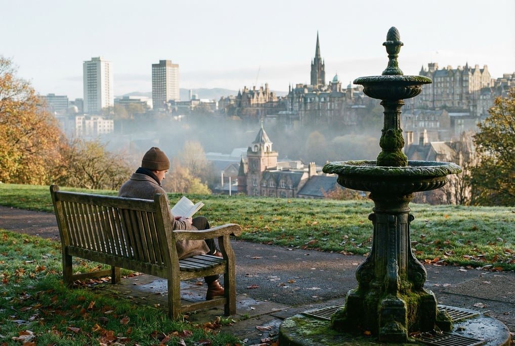 Urban hillside park bench with city towers visible in the background