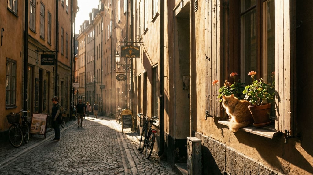 Narrow Stockholm Gamla Stan lane with tall buildings on both sides creating a canyon of light and sh