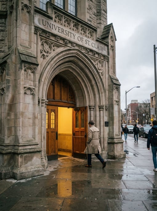 Gothic stone archway entrance to a university, geometric stone carvings above the doorway