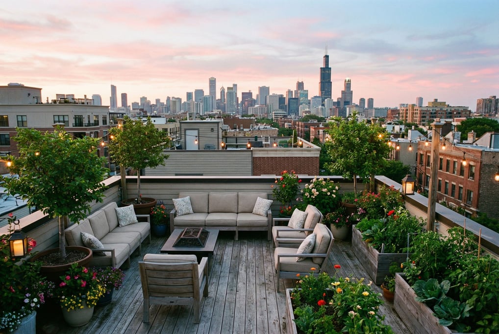 Rooftop garden overlooking downtown at dawn, wooden decking and comfortable seating