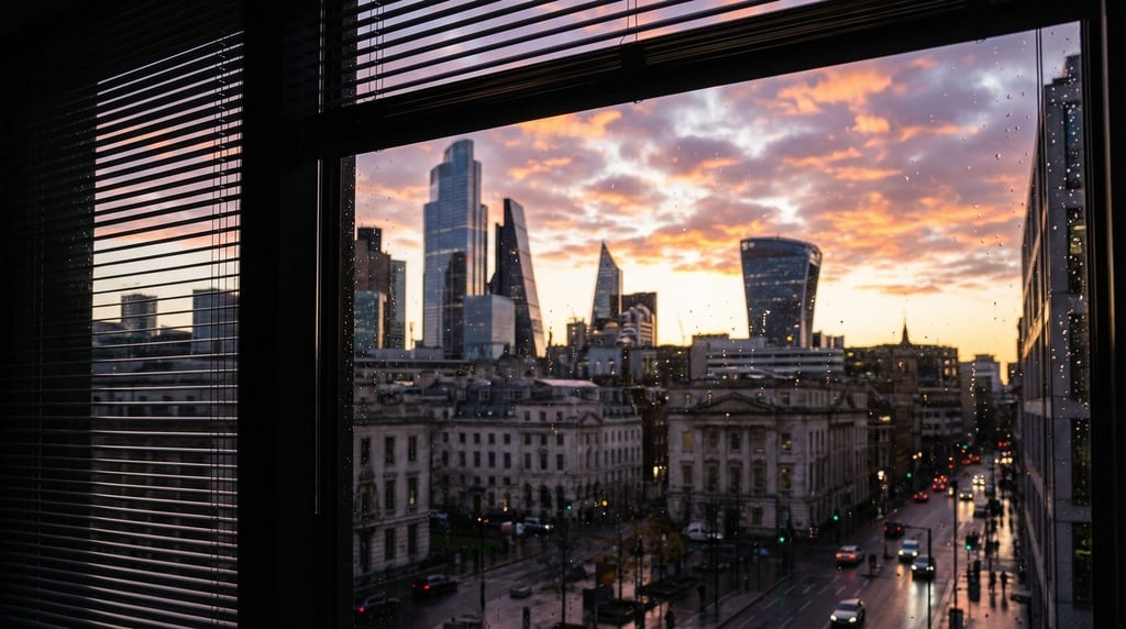 View through a office window with venetian blinds partially open overlooking a cosmopolitan cityscap