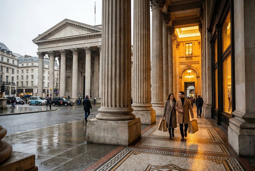 Grand neoclassical portico with tall columns, mosaic tile work on the entrance floor