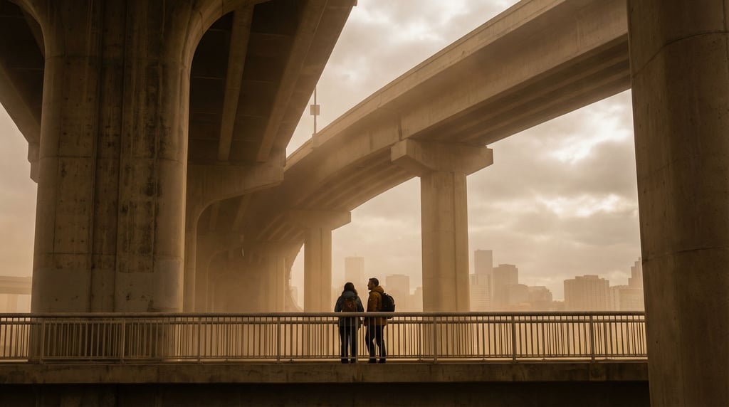 Concrete highway overpass seen from below in atmospheric haze
