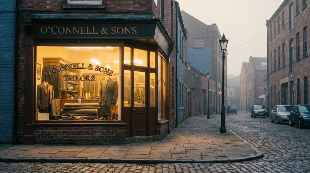 Tailor shop with suits in the window on a quiet industrial city side street