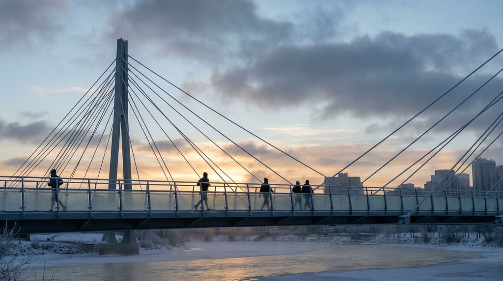 Modern cable-stayed pedestrian bridge in winter light