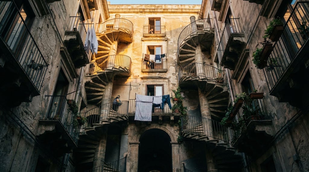 Looking up through a courtyard of a Sicilian palazzo