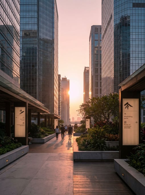 Public garden terrace between skyscrapers in a Hong Kong