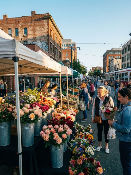 Open-air farmers market with canvas stalls with fresh flowers in tin buckets